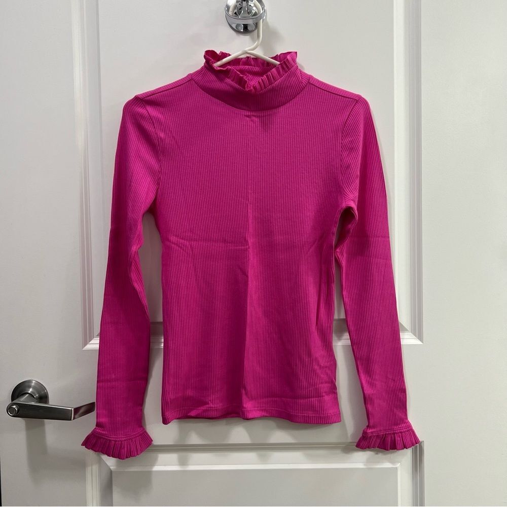 J.Crew Vintage Rib Ruffle Mockneck Long Sleeve Top Pink Size S